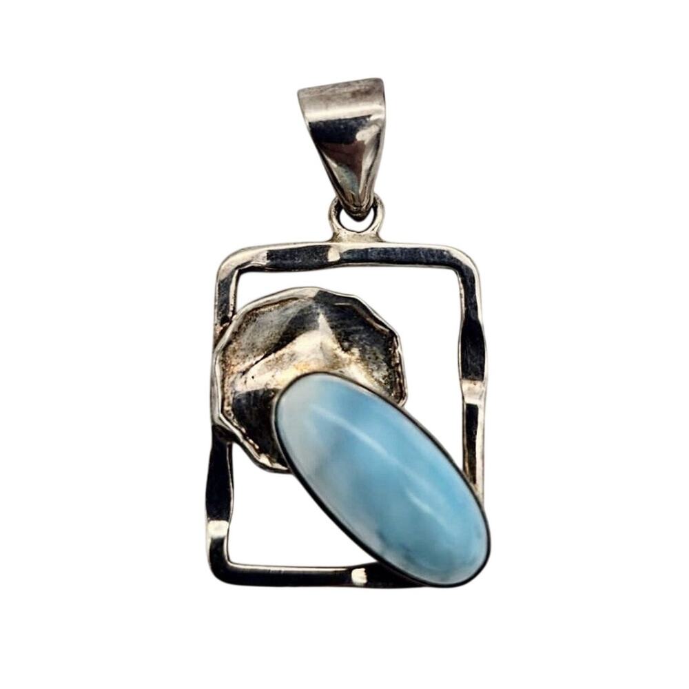 Sterling Silver Larimar Pendant Rectangular Hammered Finish